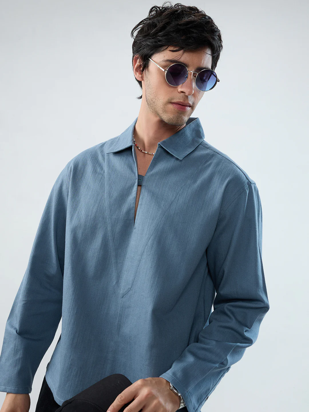 Slate Blue Cuffless Oversized Shirt - Image 4