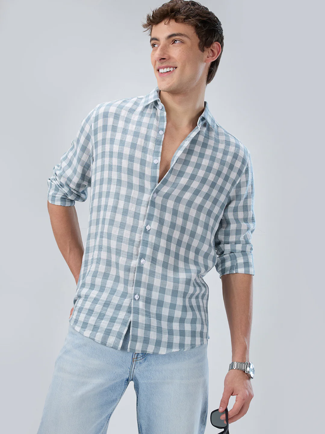 Slate Blue Gingham Checks Shirt - Image 2