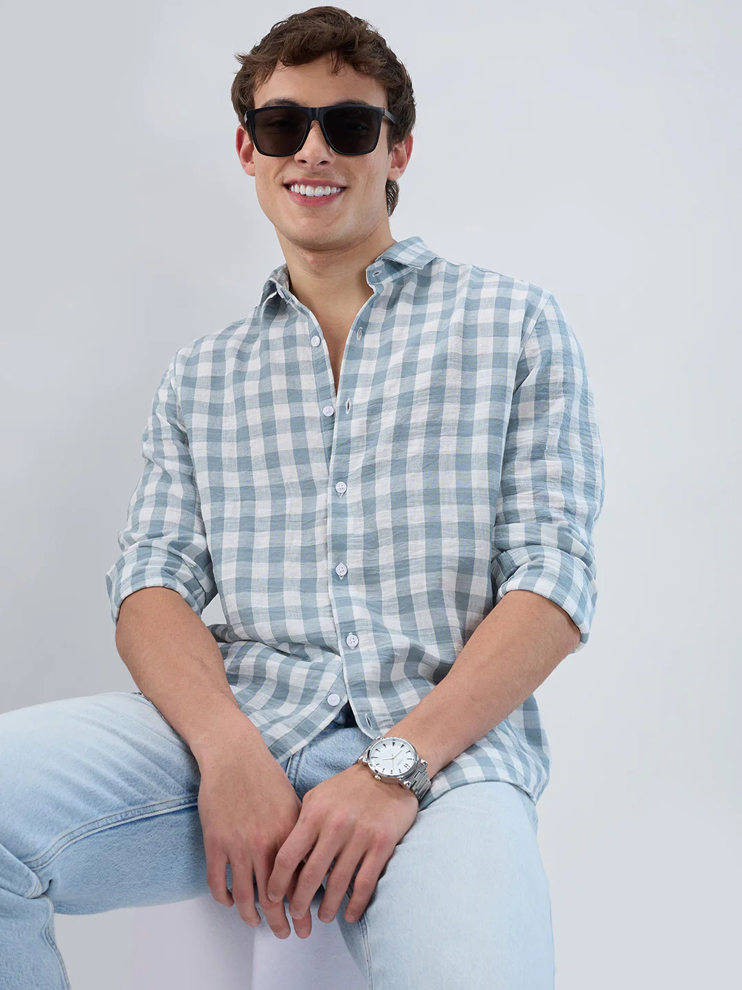 Slate Blue Gingham Checks Shirt - Image 4