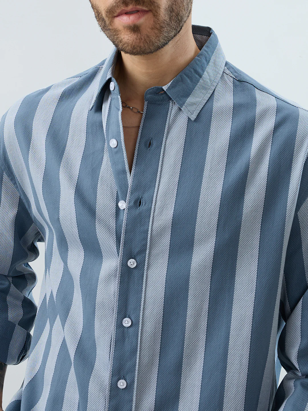 Slate Blue Grey Bold Striped Boxy Fit Crop Shirt - Image 3