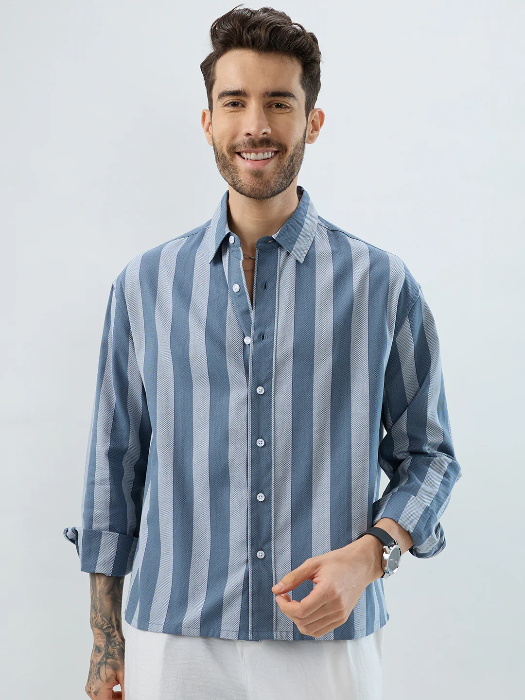 Slate Blue Grey Bold Striped Boxy Fit Crop Shirt - Image 4