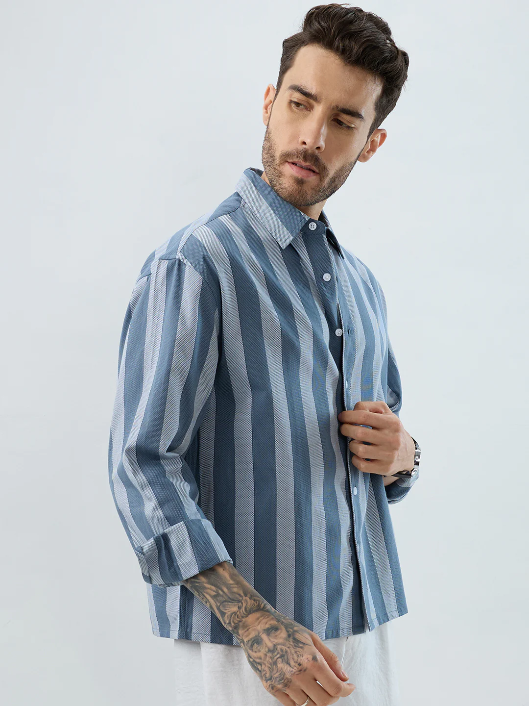 Slate Blue Grey Bold Striped Boxy Fit Crop Shirt - Image 5