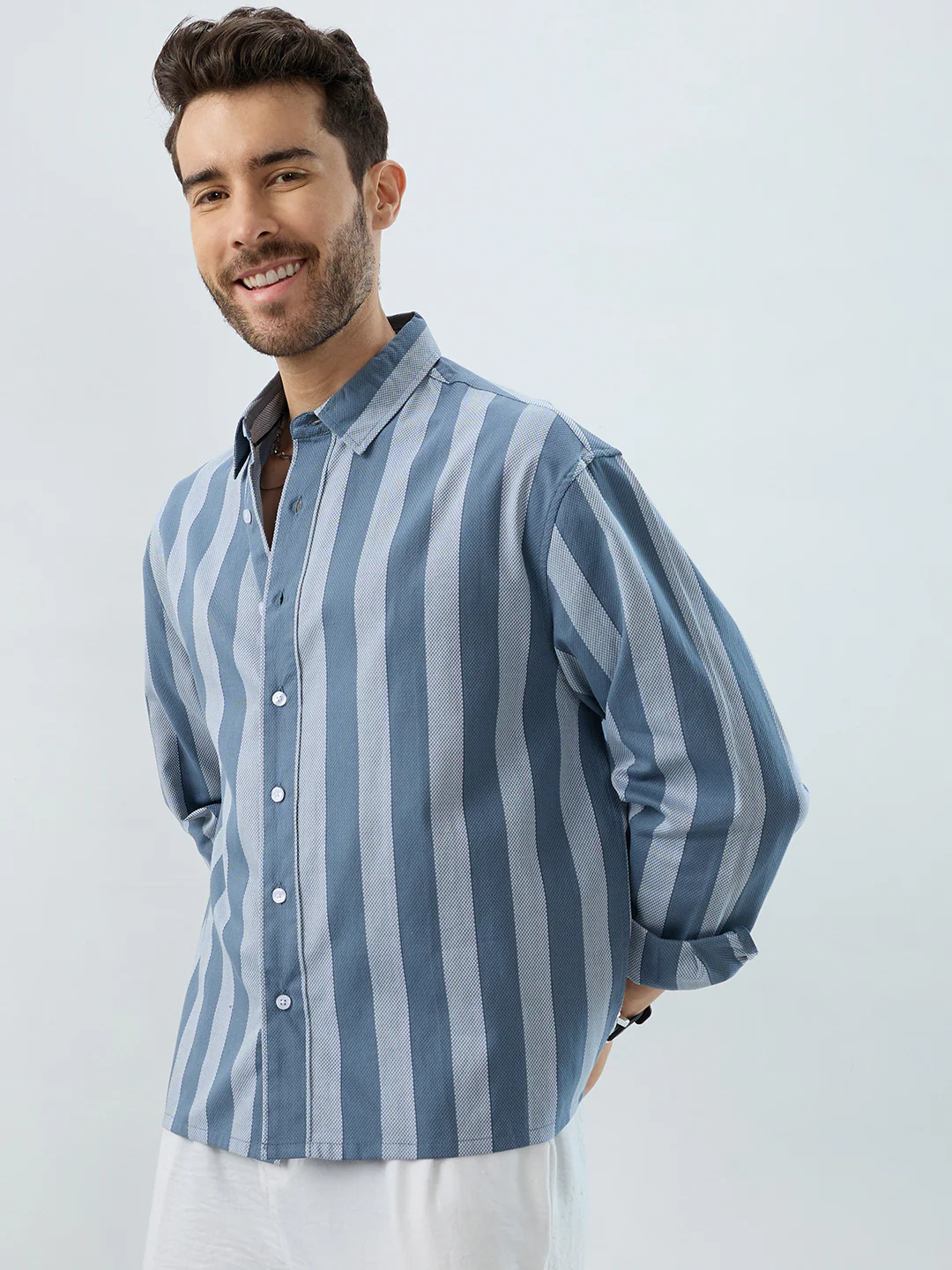 Slate Blue Grey Bold Striped Boxy Fit Crop Shirt - Image 6