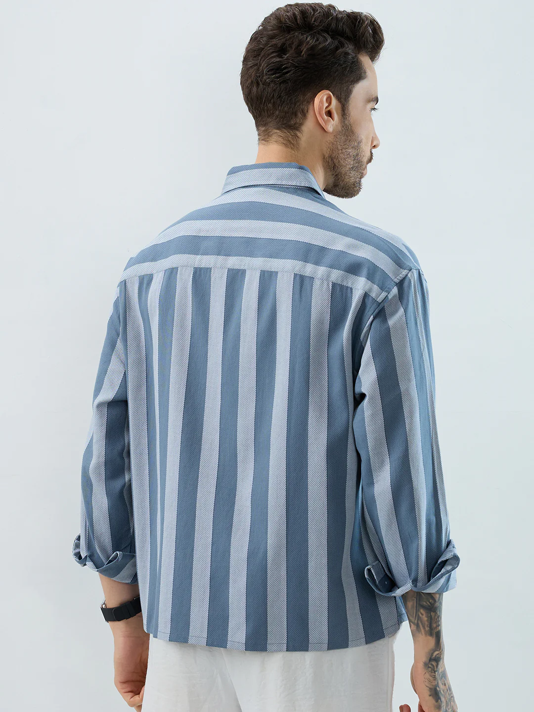 Slate Blue Grey Bold Striped Boxy Fit Crop Shirt - Image 7