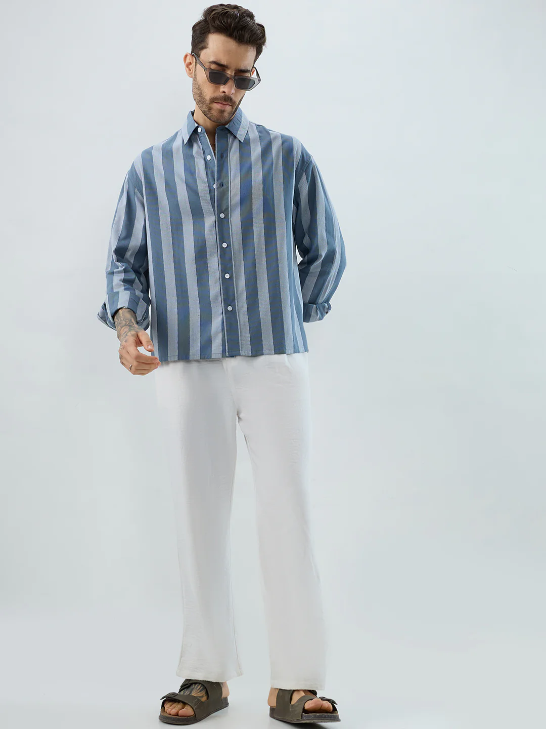 Slate Blue Grey Bold Striped Boxy Fit Crop Shirt - Image 8