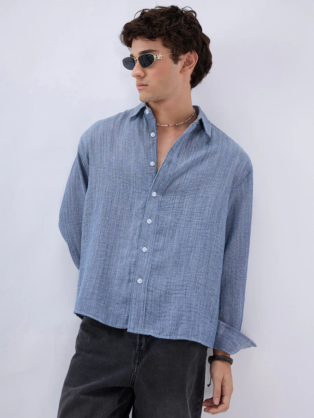 Slate Blue Textured Boxy Fit Crop Shirt - Image 4