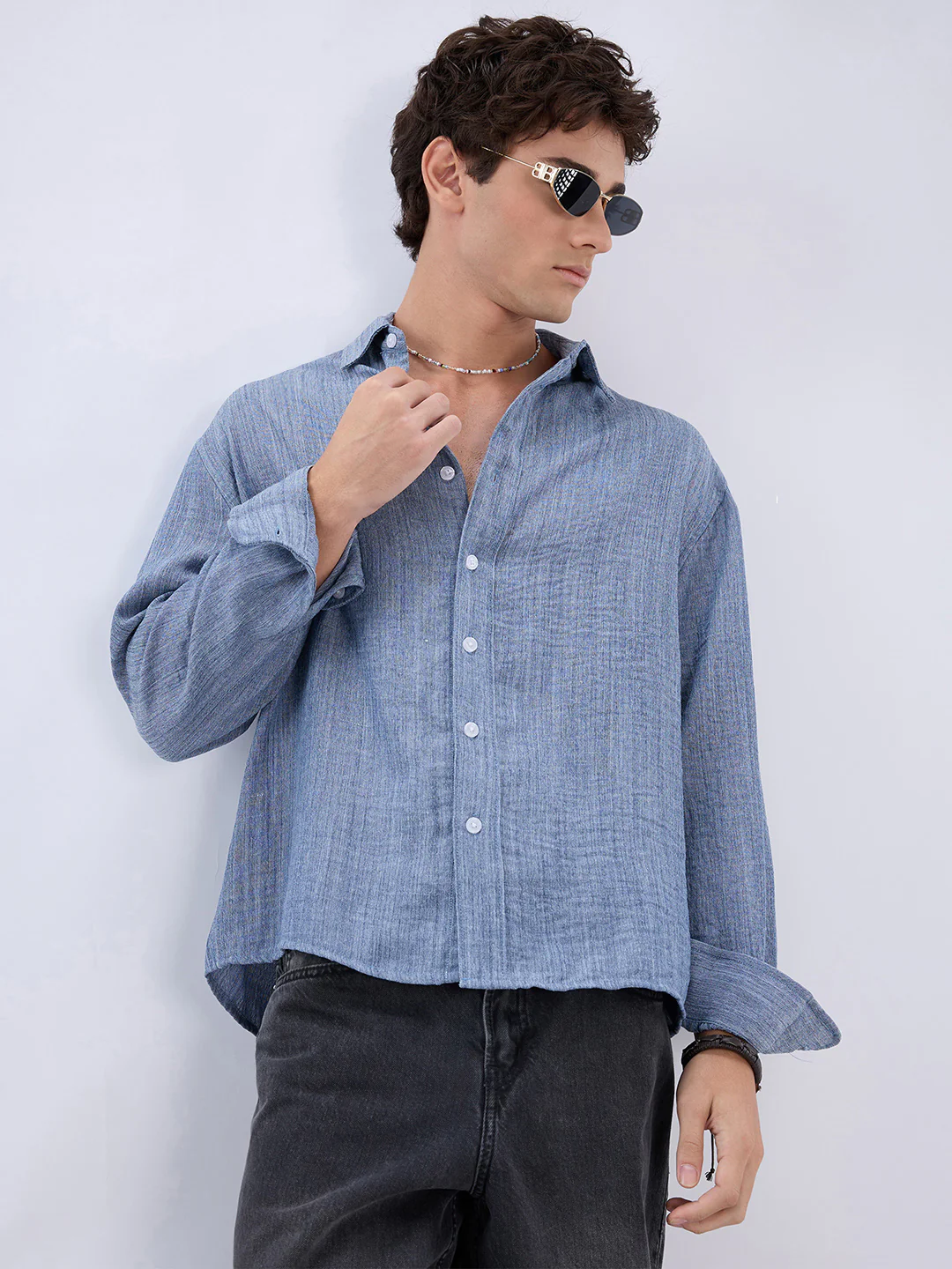 Slate Blue Textured Boxy Fit Crop Shirt - Image 5