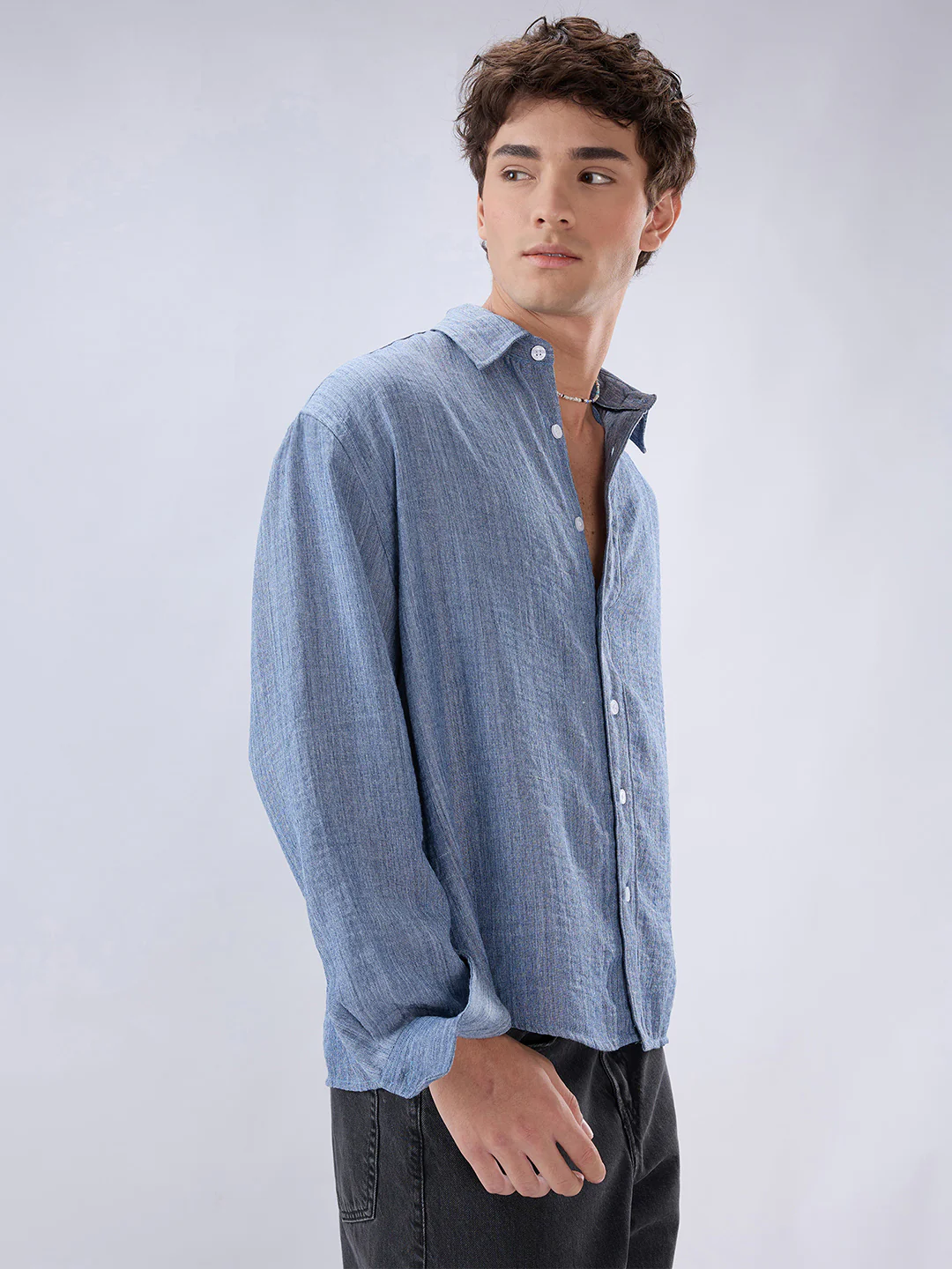 Slate Blue Textured Boxy Fit Crop Shirt - Image 6