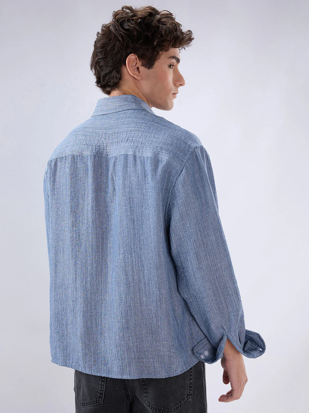 Slate Blue Textured Boxy Fit Crop Shirt - Image 7