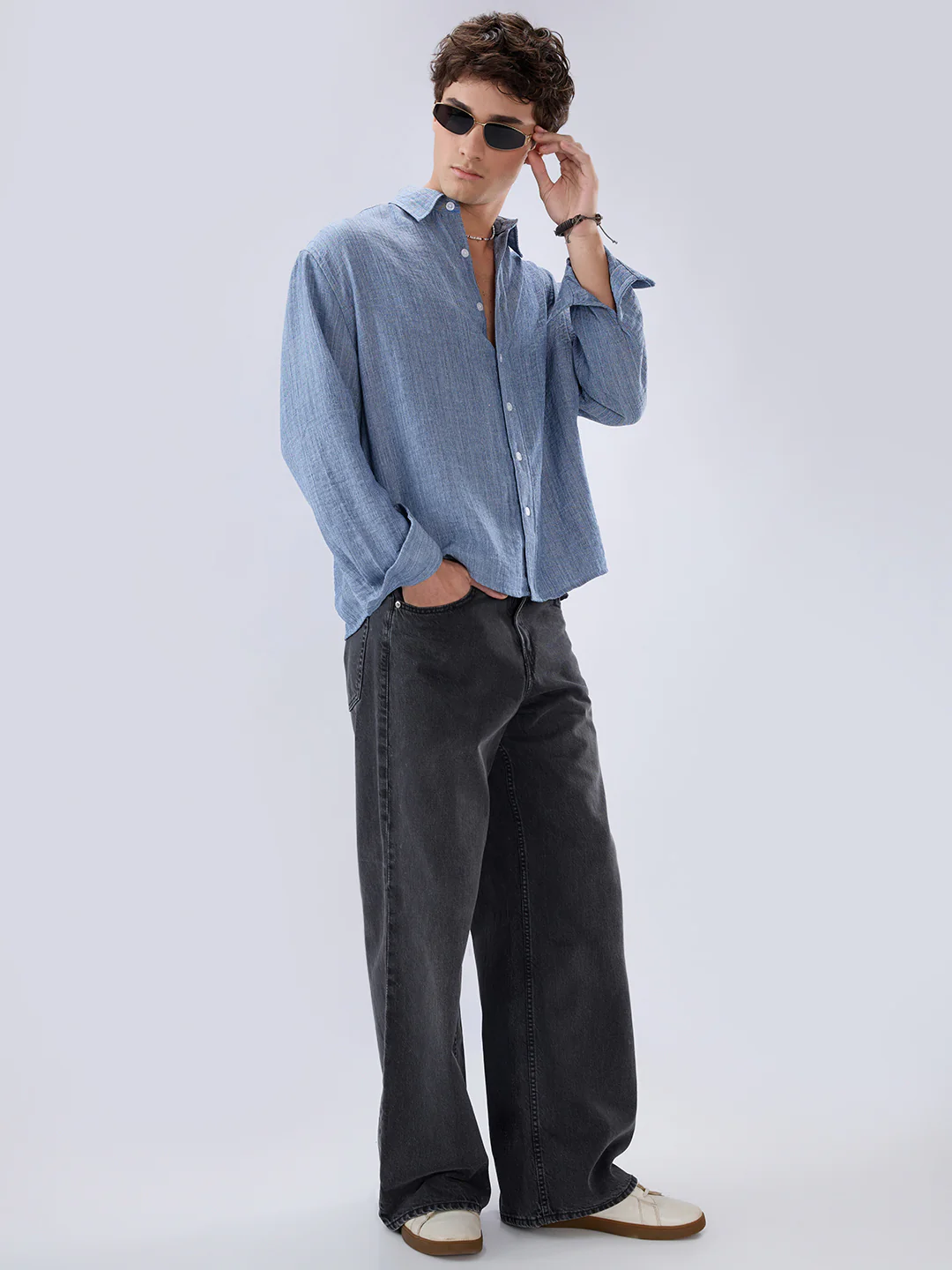 Slate Blue Textured Boxy Fit Crop Shirt - Image 8