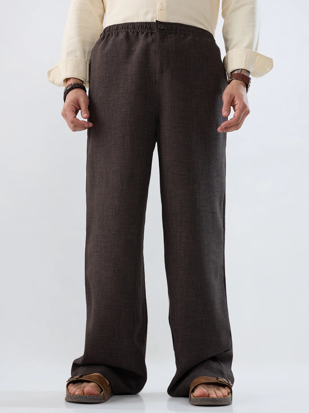 Slate Grey Slub Textured Wide-Leg Trousers - Image 4