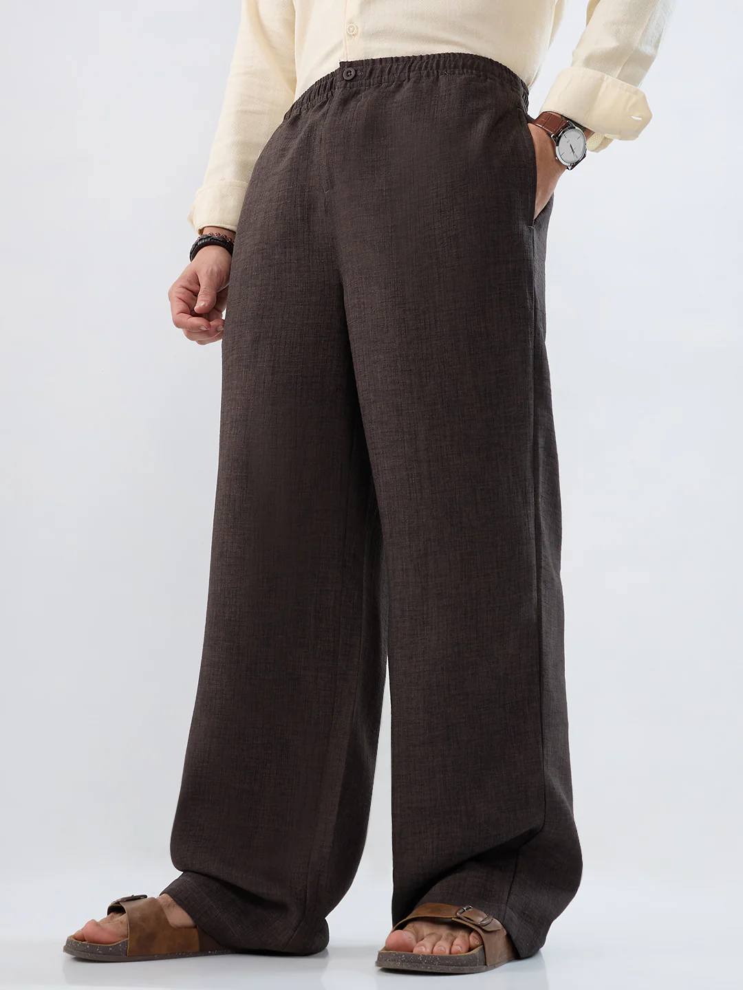 Slate Grey Slub Textured Wide-Leg Trousers - Image 5
