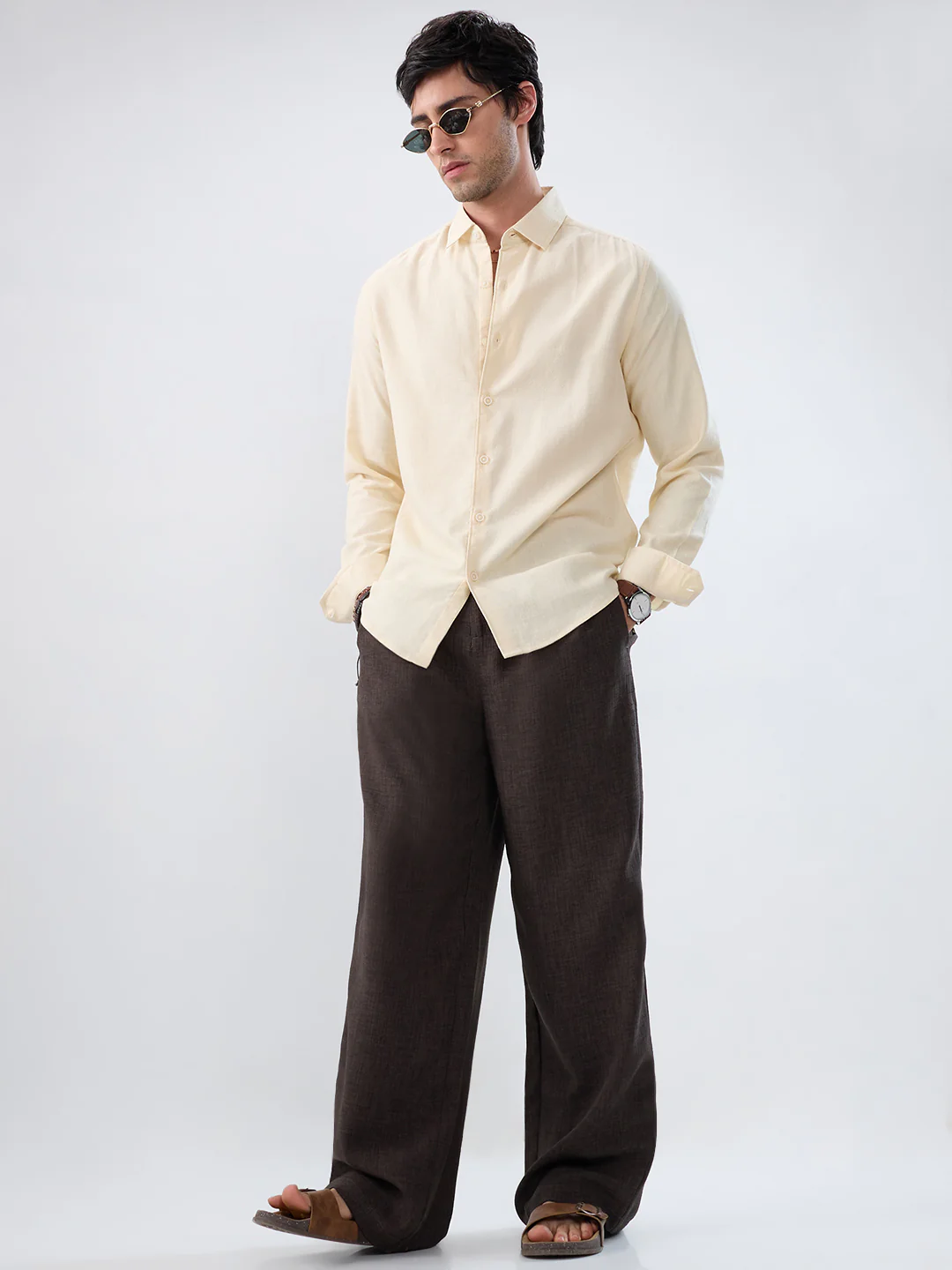 Slate Grey Slub Textured Wide-Leg Trousers - Image 6
