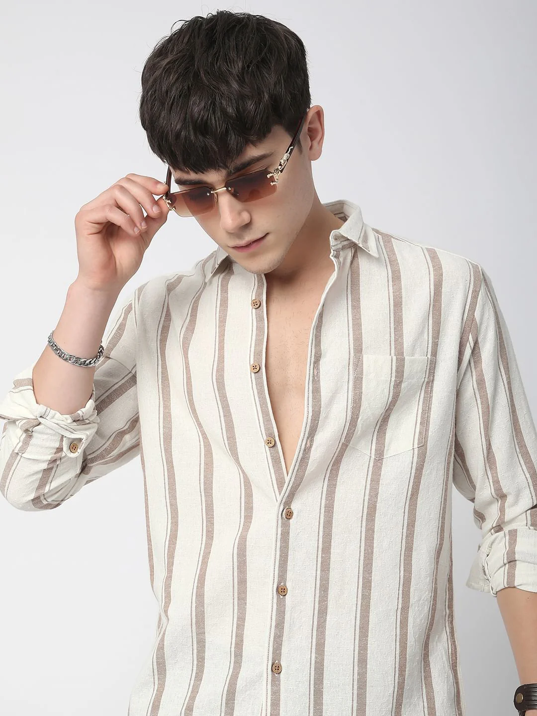 Sleek Warm Tan Dobby Striped Shirt - Image 2