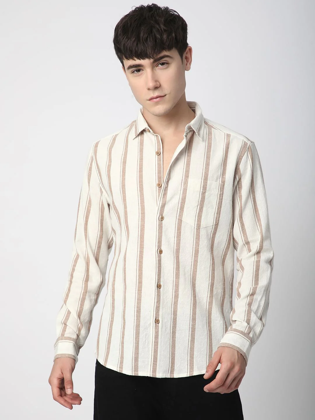 Sleek Warm Tan Dobby Striped Shirt - Image 4