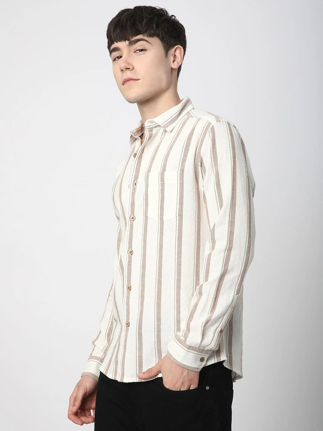 Sleek Warm Tan Dobby Striped Shirt - Image 5