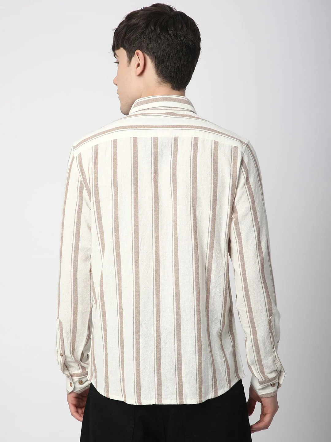 Sleek Warm Tan Dobby Striped Shirt - Image 6