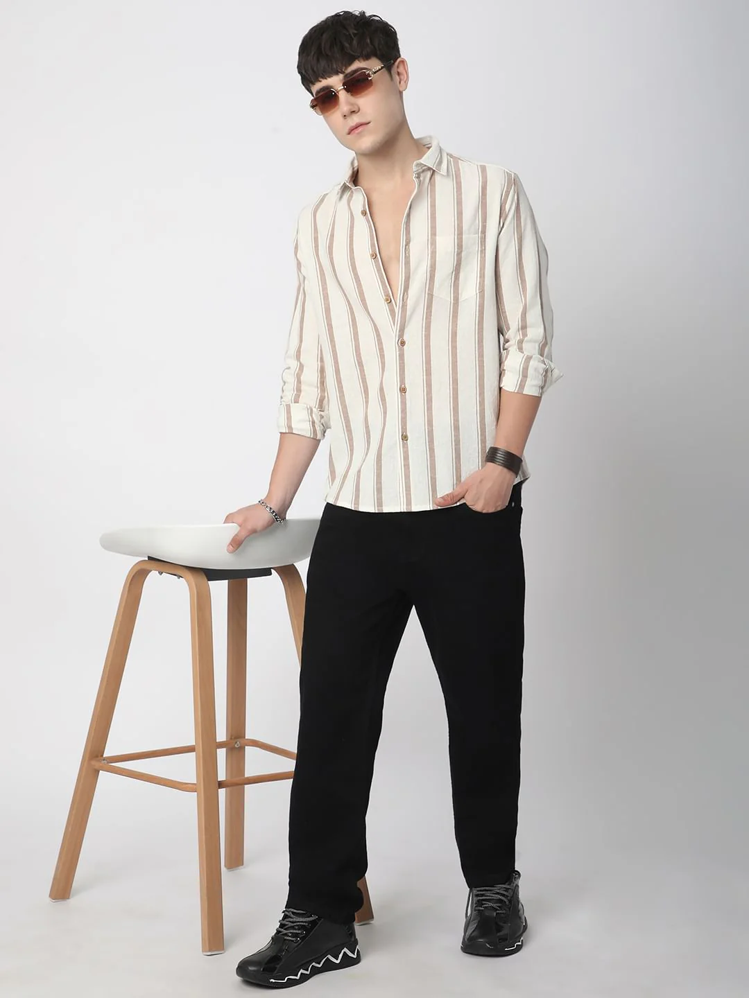 Sleek Warm Tan Dobby Striped Shirt - Image 7