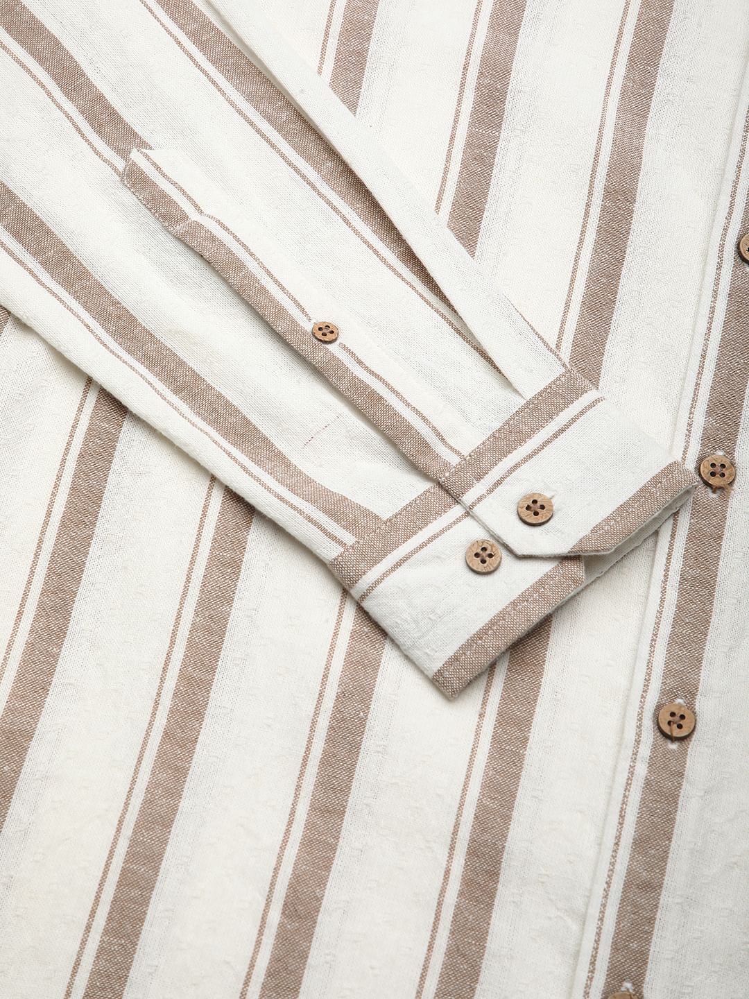 Sleek Warm Tan Dobby Striped Shirt - Image 8
