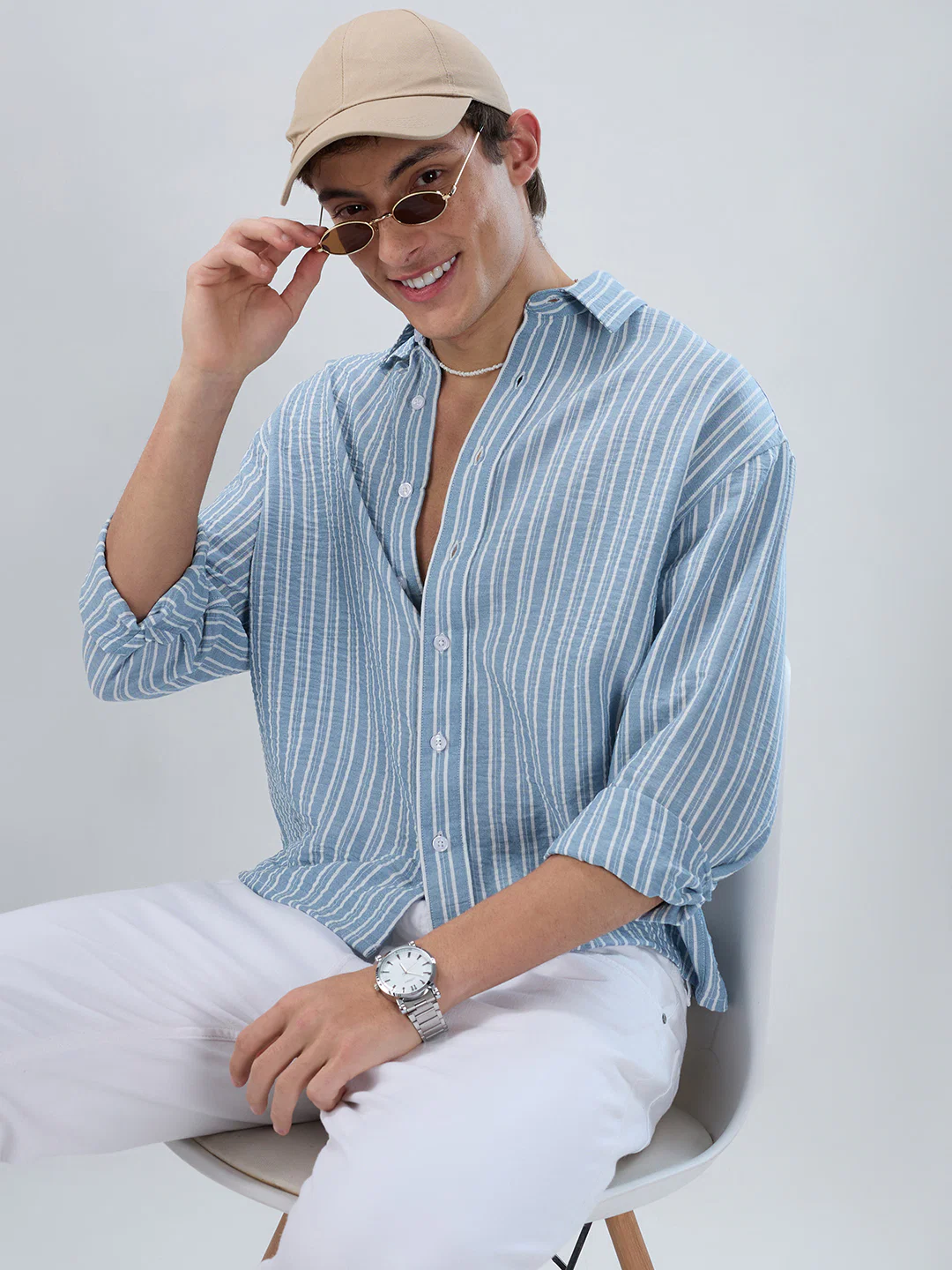 Slushy Dusty Blue Linear Striped Boxy Fit Crop Shirt - Image 4