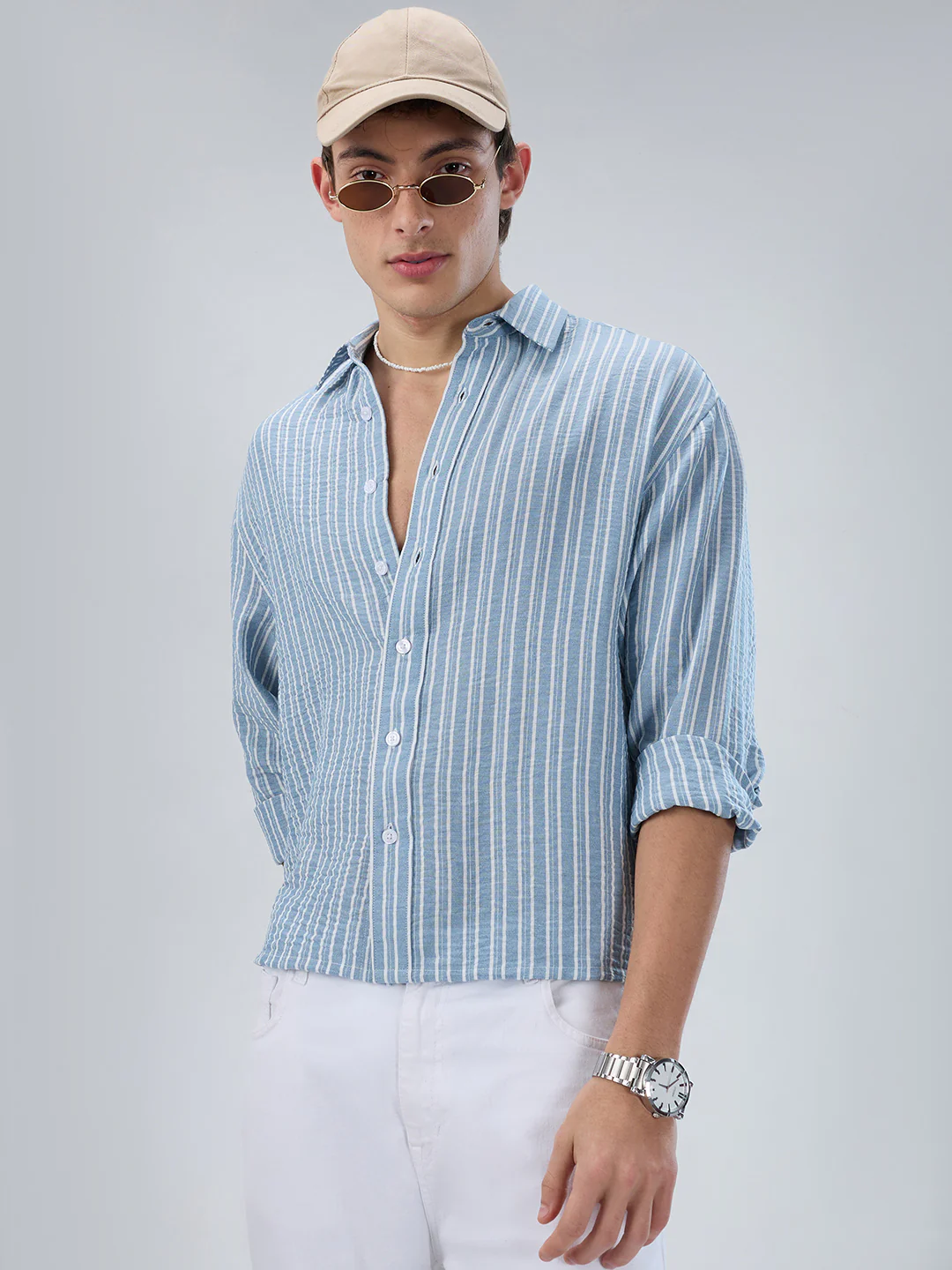Slushy Dusty Blue Linear Striped Boxy Fit Crop Shirt - Image 5
