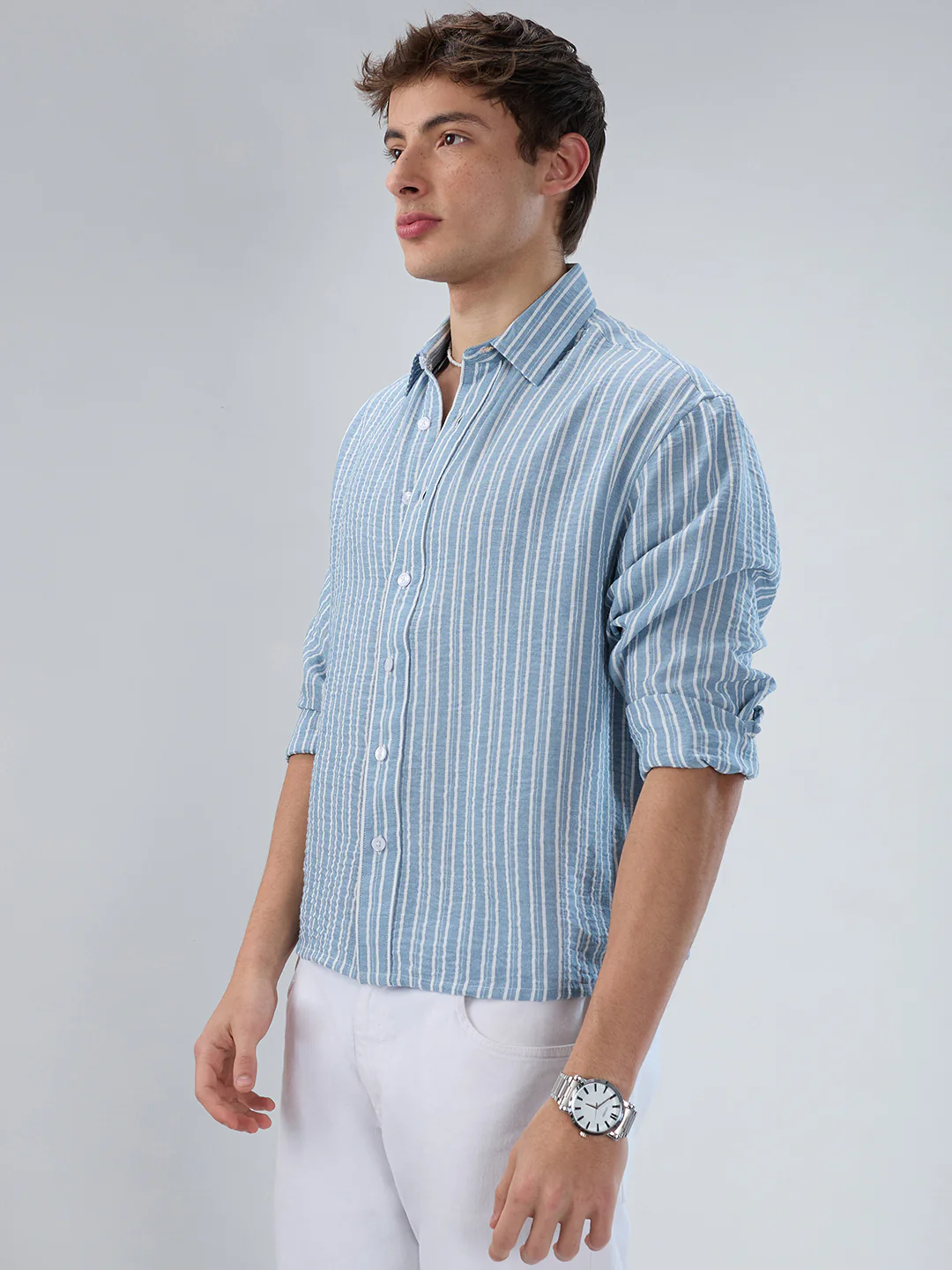Slushy Dusty Blue Linear Striped Boxy Fit Crop Shirt - Image 6