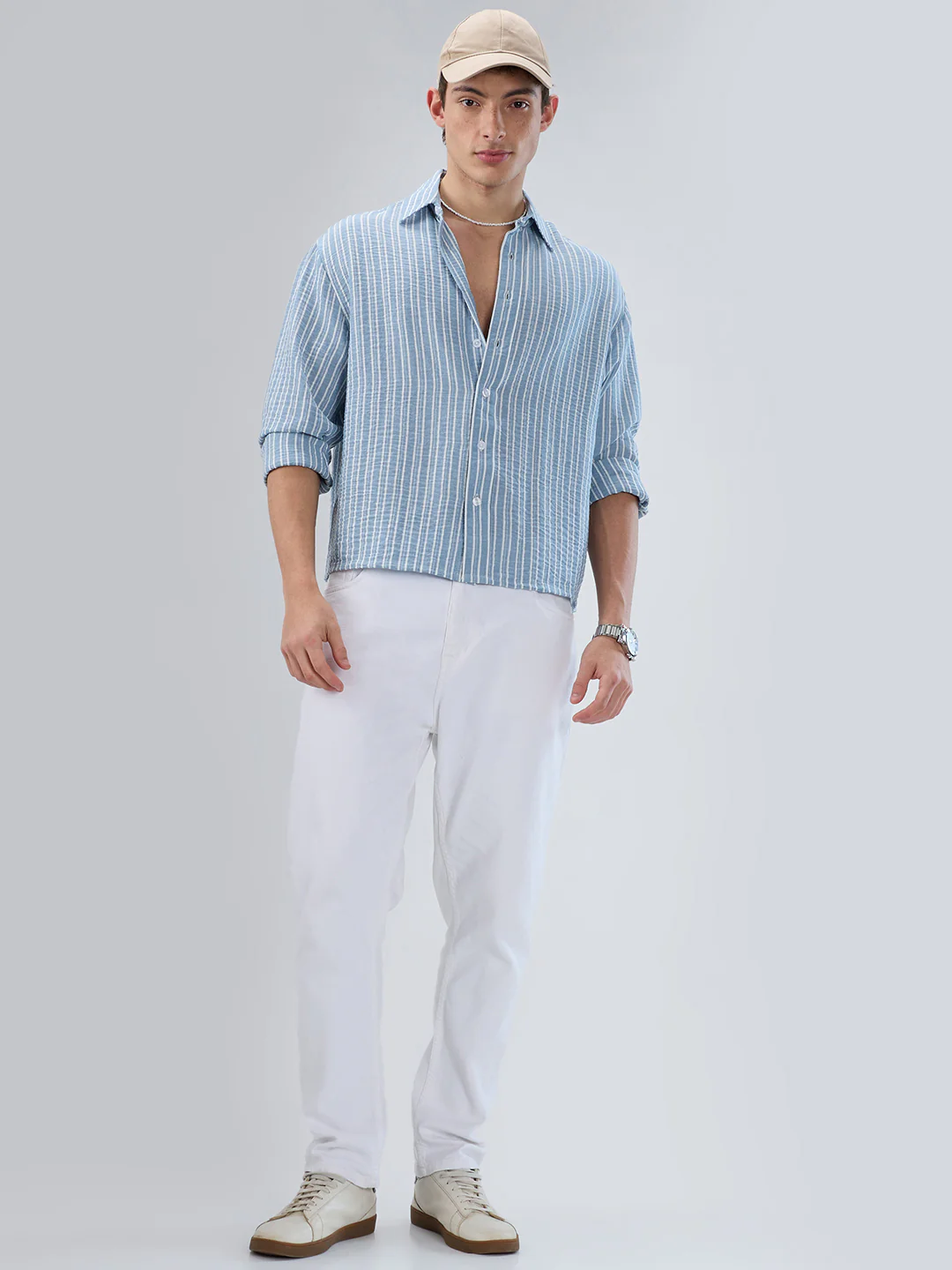 Slushy Dusty Blue Linear Striped Boxy Fit Crop Shirt - Image 7