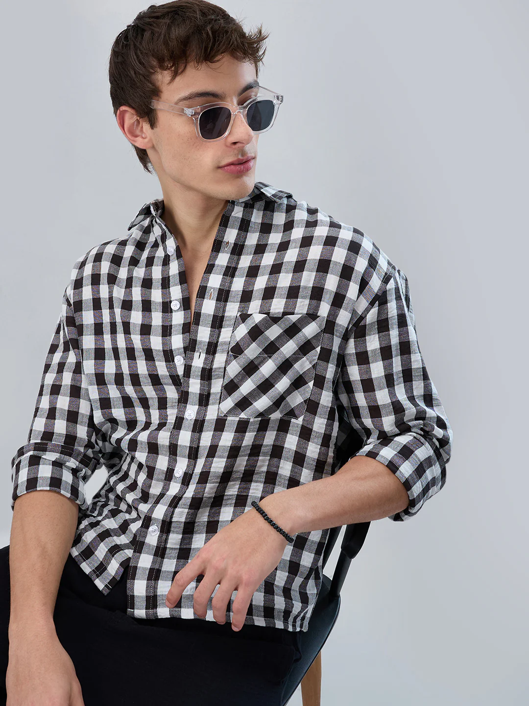 Slushy Monochrome Ghingam Checks Boxy Fit Crop Shirt - Image 2