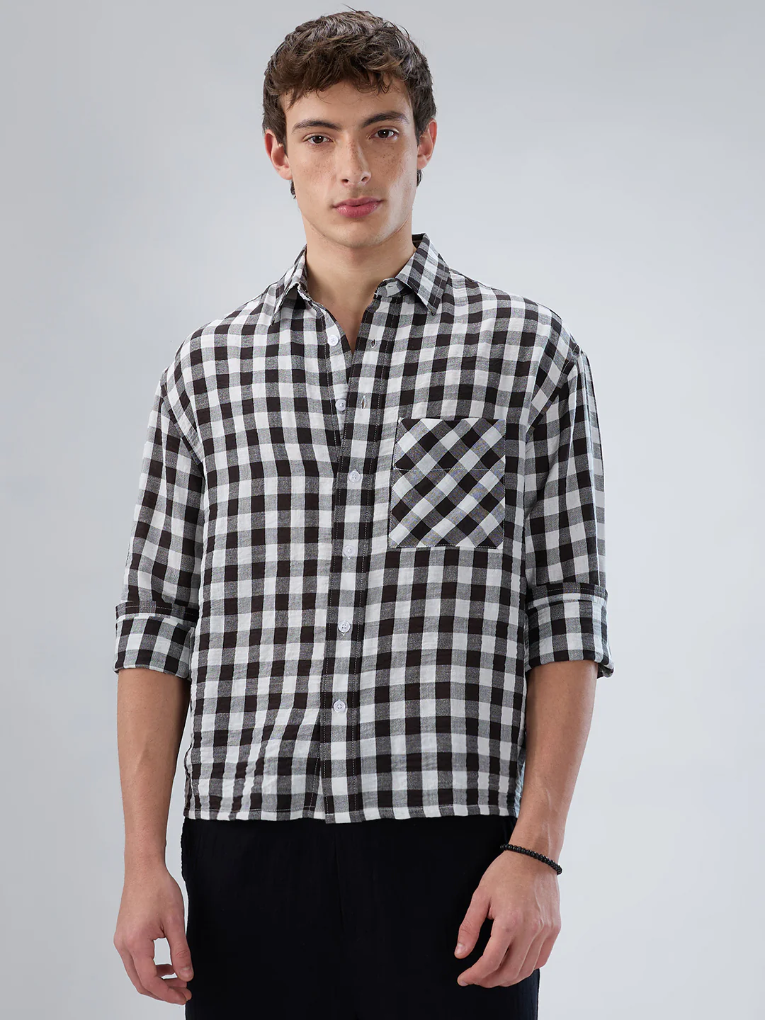 Slushy Monochrome Ghingam Checks Boxy Fit Crop Shirt - Image 4