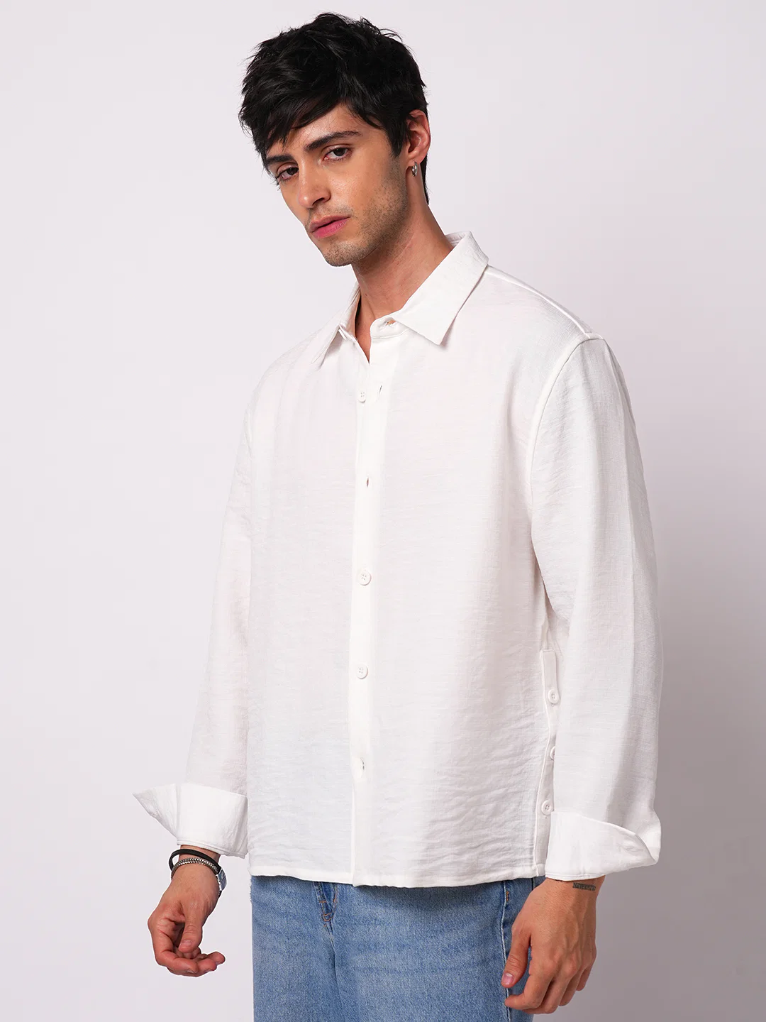 Snow White Crinkled Side-Slit Oversized Crop Shirt - Image 6