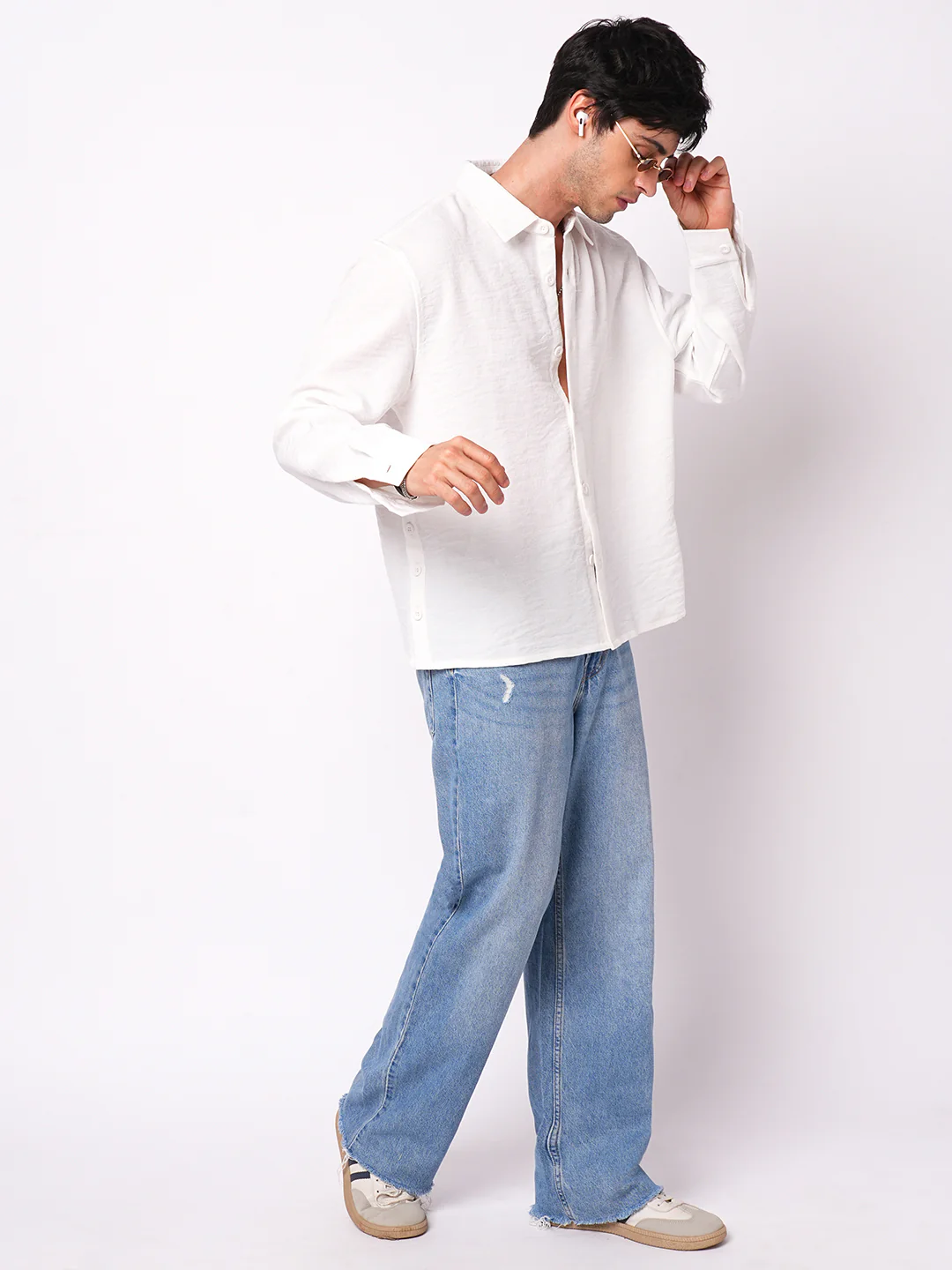 Snow White Crinkled Side-Slit Oversized Crop Shirt - Image 8