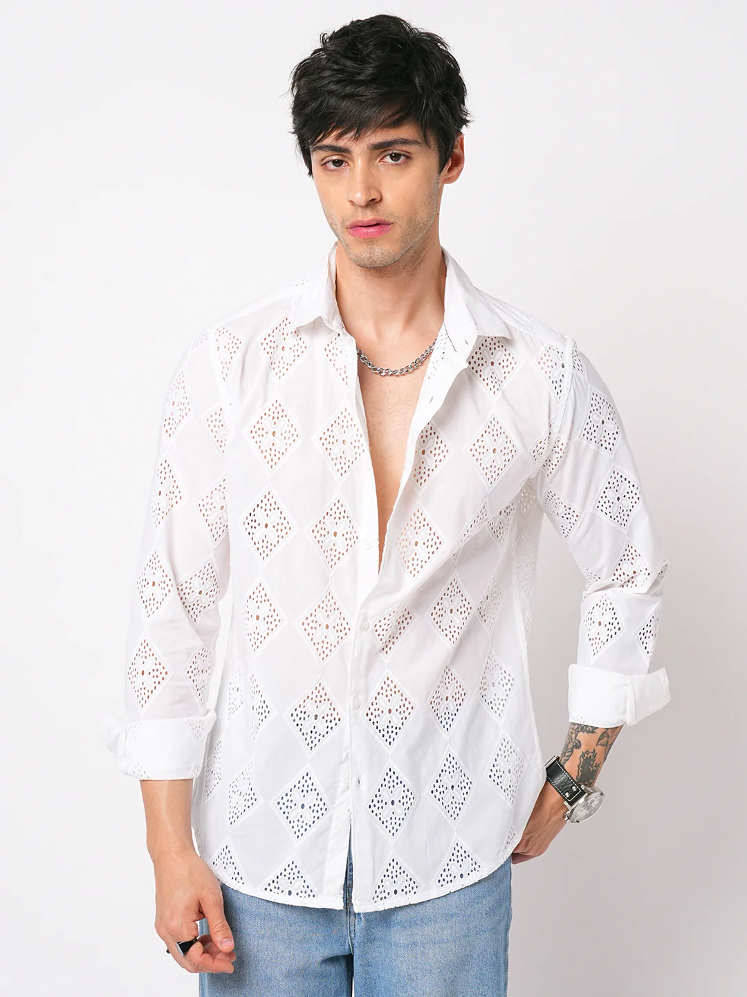 Snow White Diamond Schiffli Shirt - Image 4