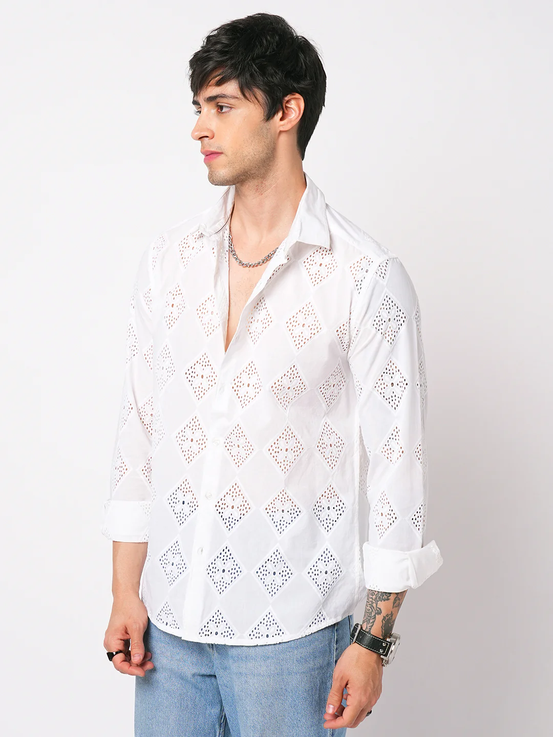 Snow White Diamond Schiffli Shirt - Image 5