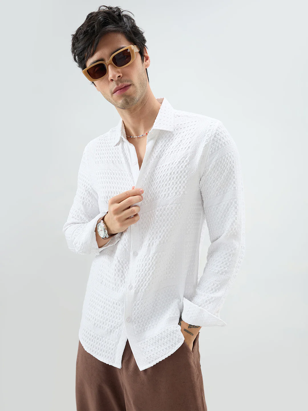 Snow White Geometric Grid Embossed Shirt - Image 2