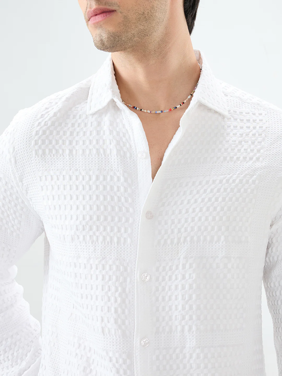 Snow White Geometric Grid Embossed Shirt - Image 3
