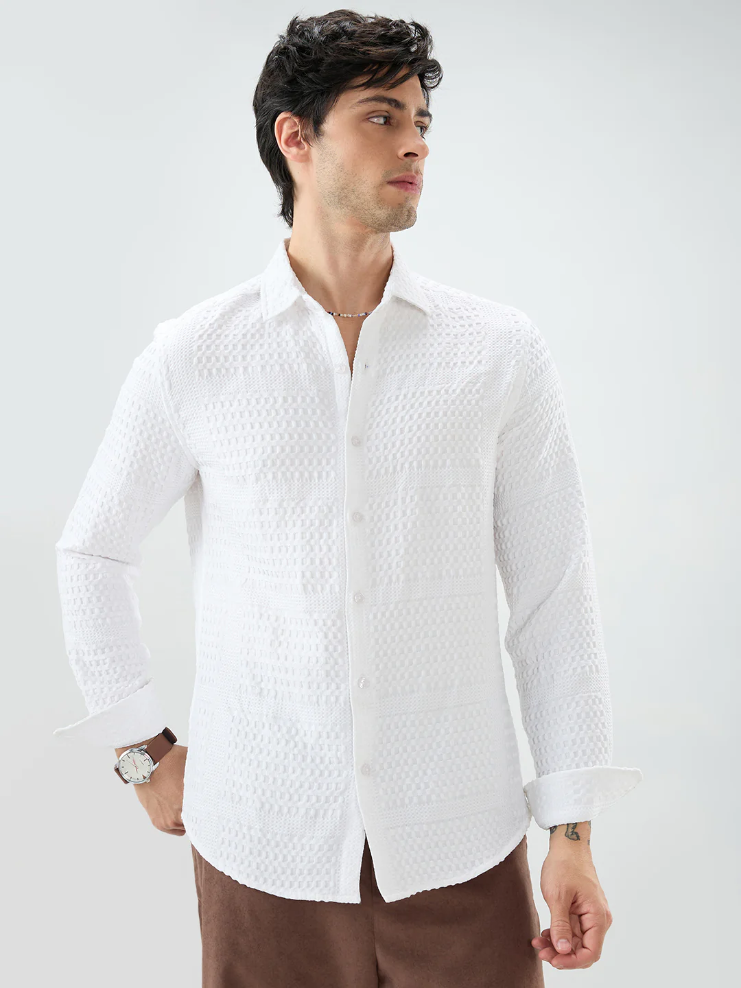 Snow White Geometric Grid Embossed Shirt - Image 5