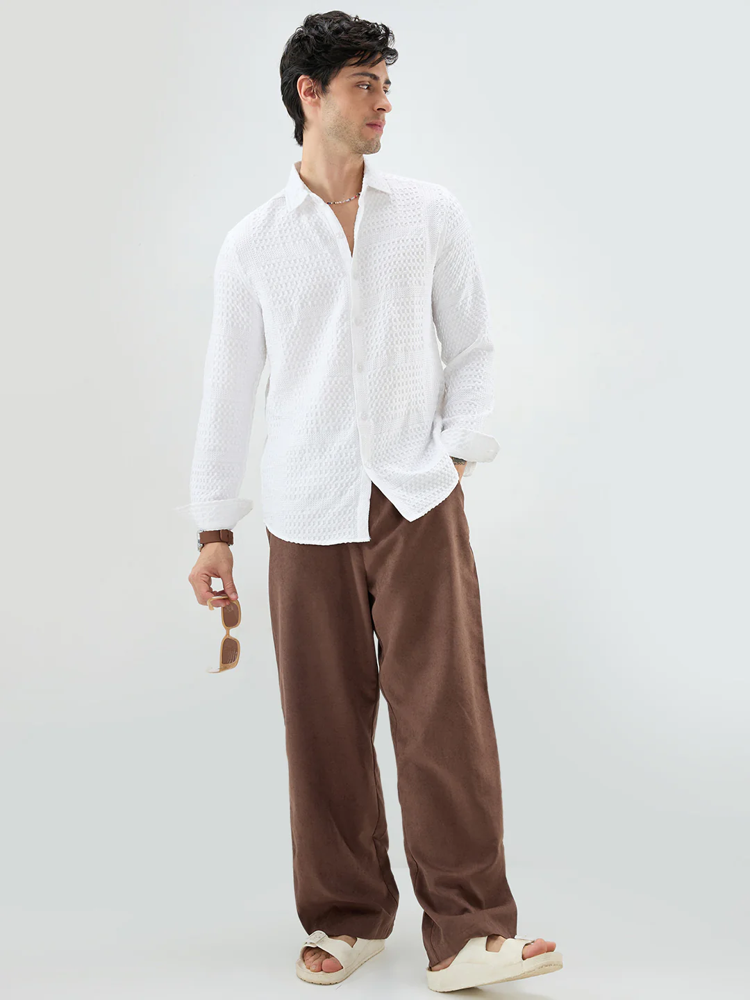 Snow White Geometric Grid Embossed Shirt - Image 7