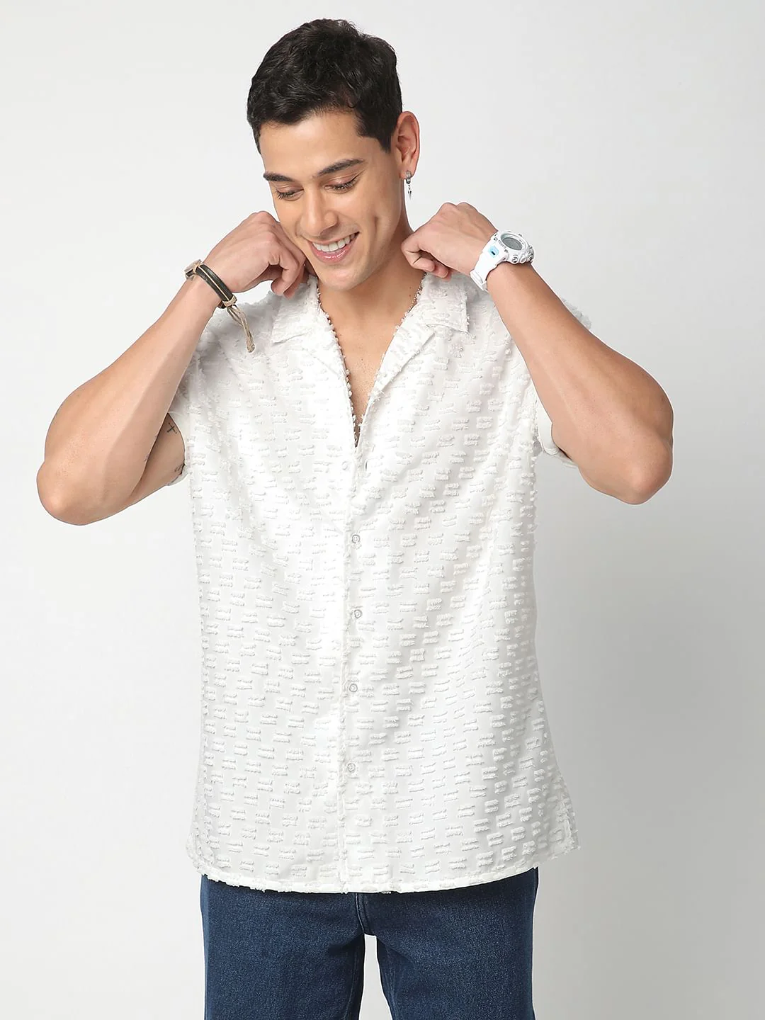 Snow White Jacquard Tufts Notch Collar Oversized Shirt - Image 4