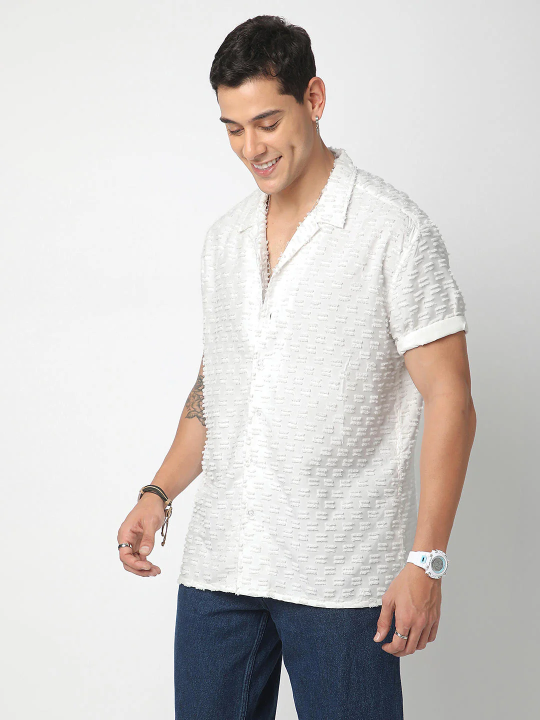 Snow White Jacquard Tufts Notch Collar Oversized Shirt - Image 5