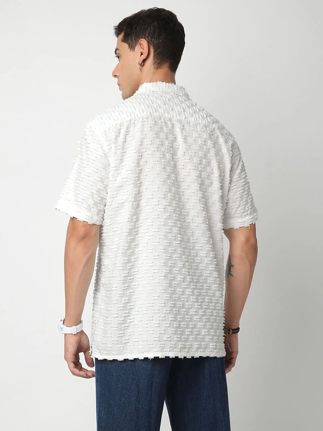Snow White Jacquard Tufts Notch Collar Oversized Shirt - Image 6