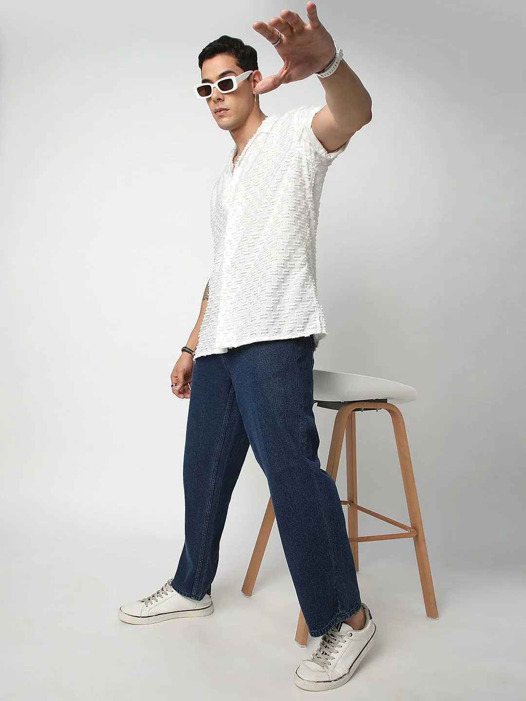 Snow White Jacquard Tufts Notch Collar Oversized Shirt - Image 7