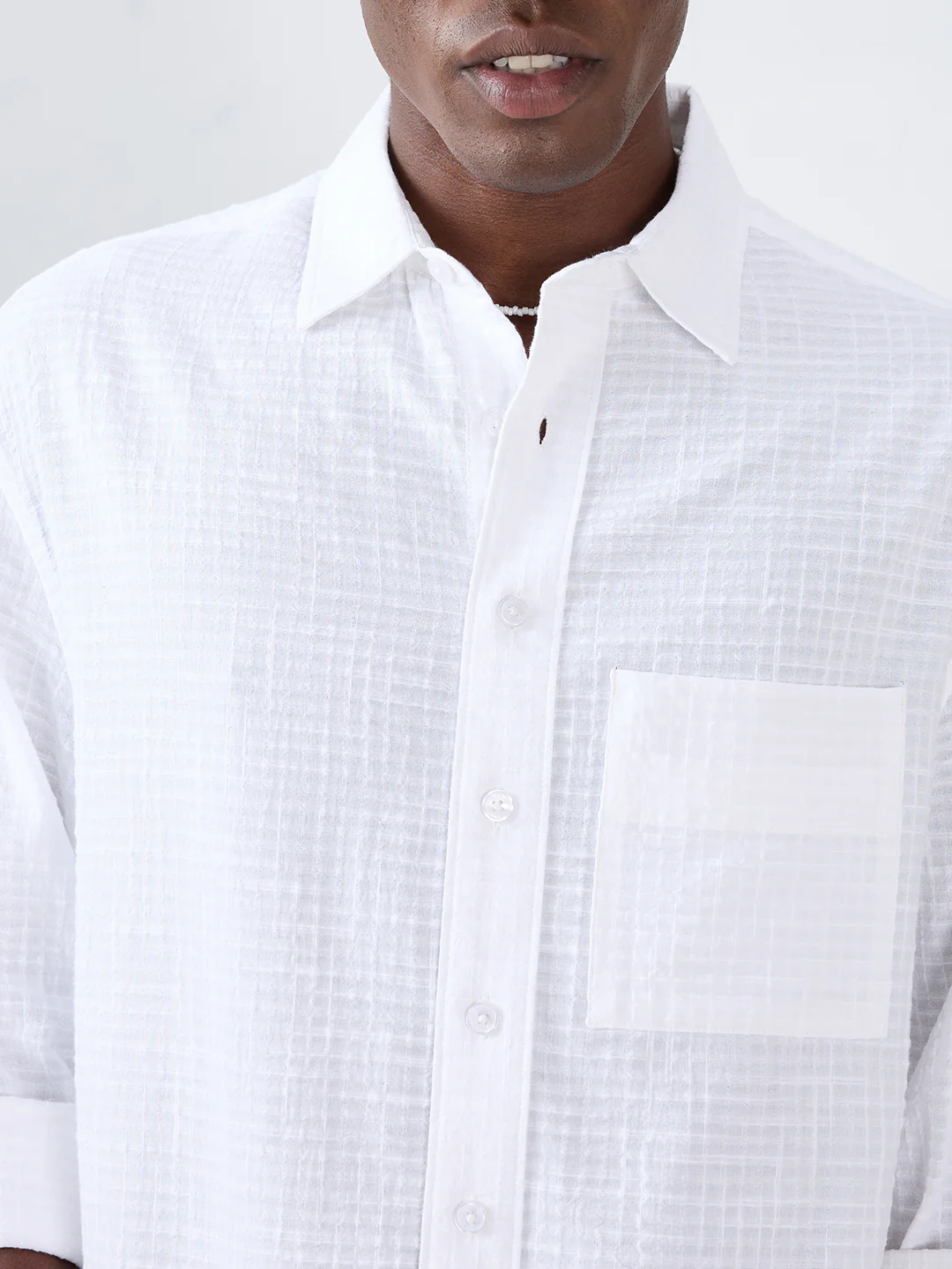 Snow White Micro Grid Textured Weave Boxy Fit Crop Shirt - Image 3