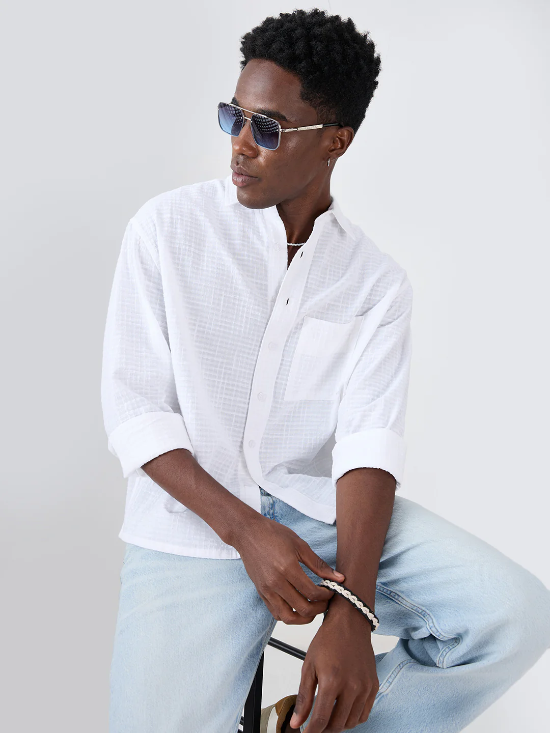 Snow White Micro Grid Textured Weave Boxy Fit Crop Shirt - Image 4