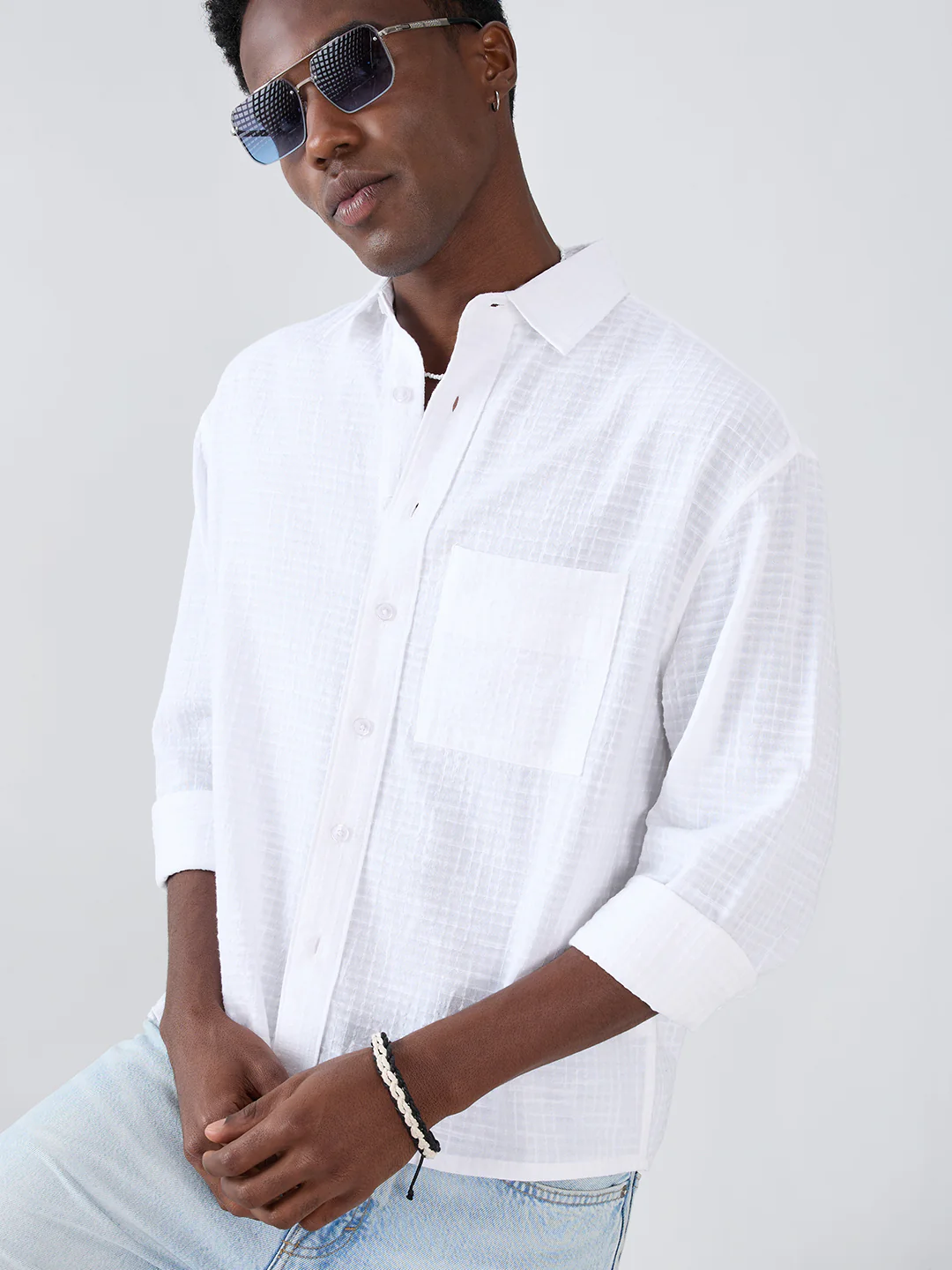 Snow White Micro Grid Textured Weave Boxy Fit Crop Shirt - Image 5
