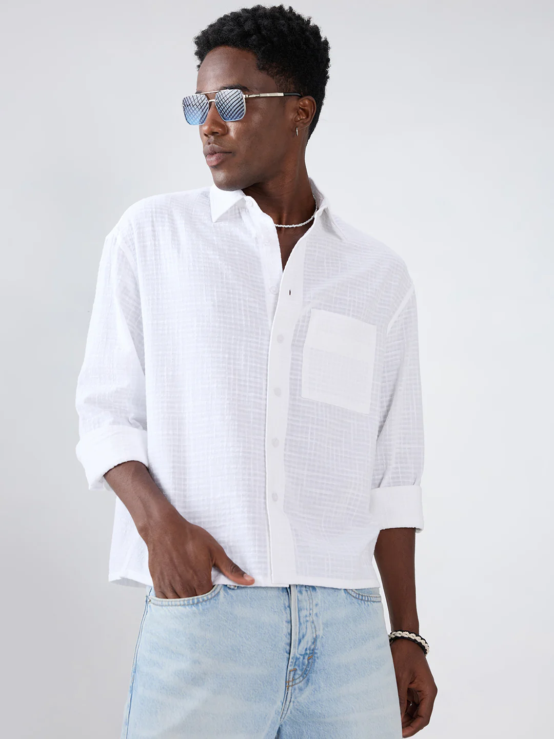 Snow White Micro Grid Textured Weave Boxy Fit Crop Shirt - Image 6