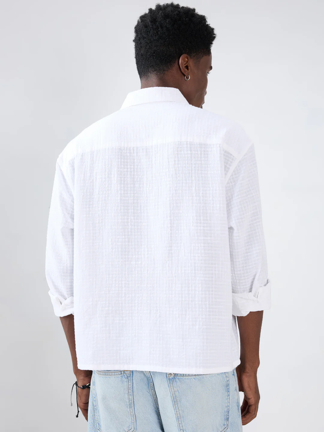 Snow White Micro Grid Textured Weave Boxy Fit Crop Shirt - Image 7