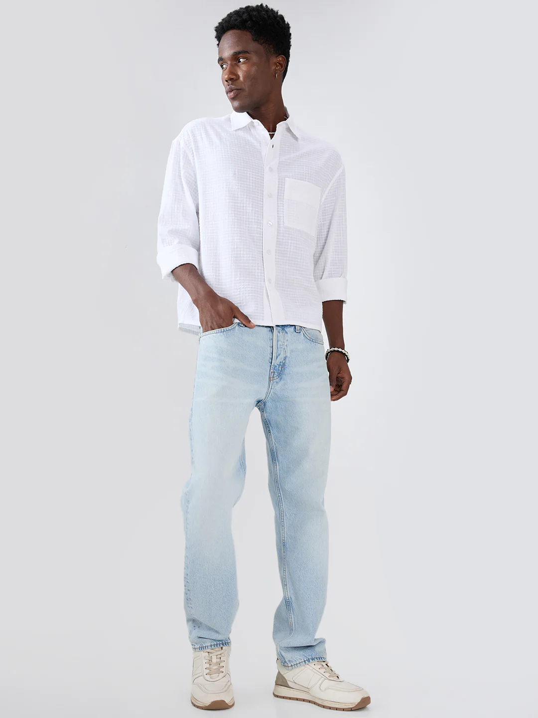 Snow White Micro Grid Textured Weave Boxy Fit Crop Shirt - Image 8