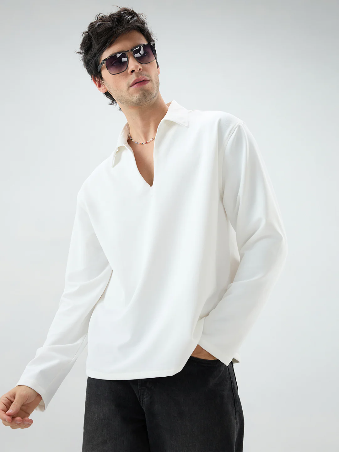 Snow White Oversized Polo Tencel Knit Shirt - Image 2