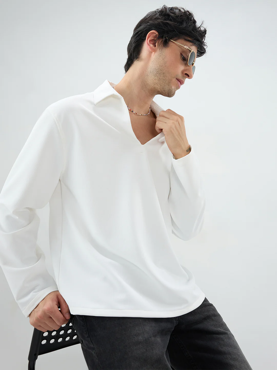 Snow White Oversized Polo Tencel Knit Shirt - Image 4