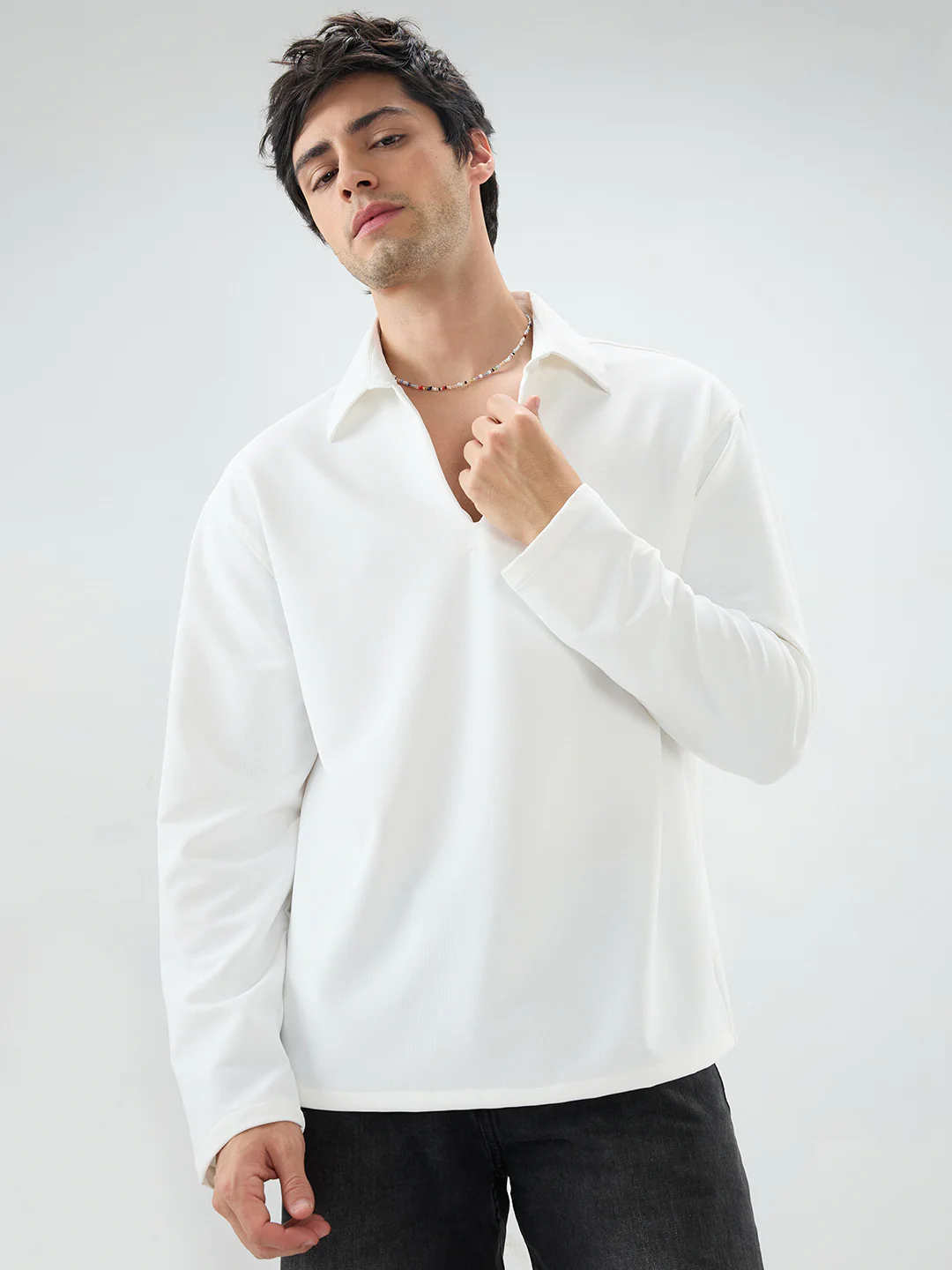 Snow White Oversized Polo Tencel Knit Shirt - Image 5